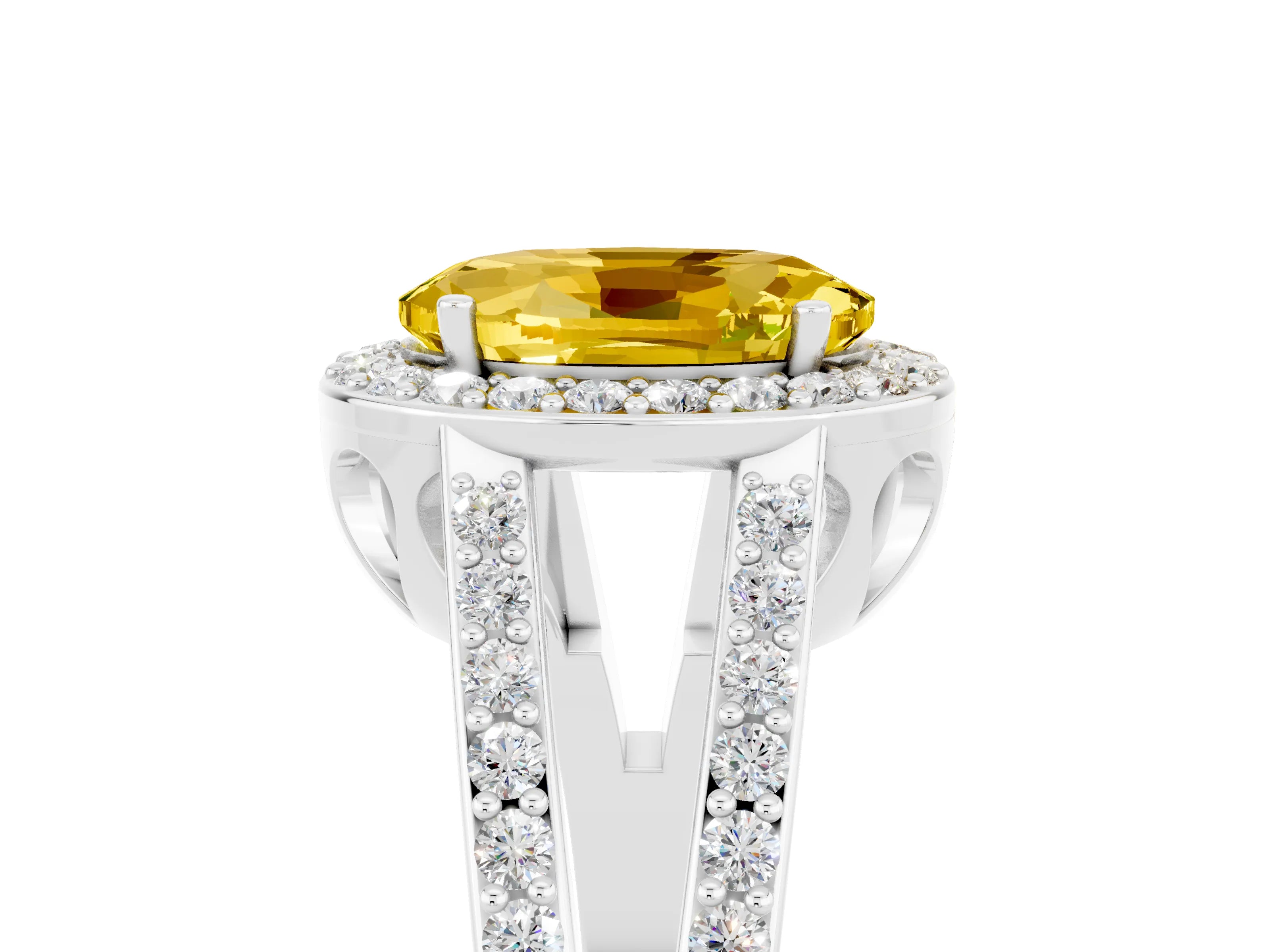 White gold Oval Cut Yellow Sapphire Halo Ring with Split Shank U-Prong Band and Four-Prong Setting_5