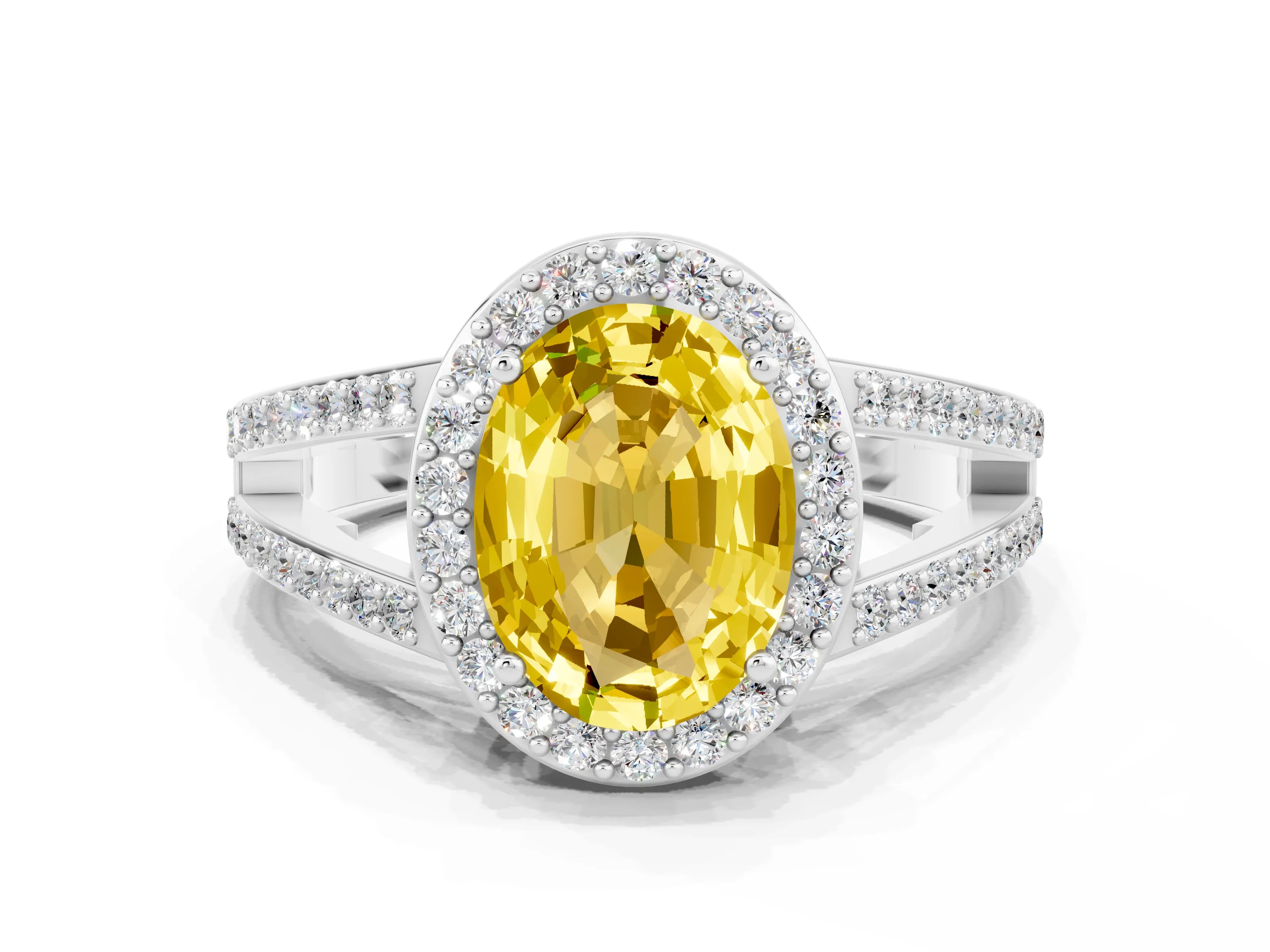 White gold Oval Cut Yellow Sapphire Halo Ring with Split Shank U-Prong Band and Four-Prong Setting