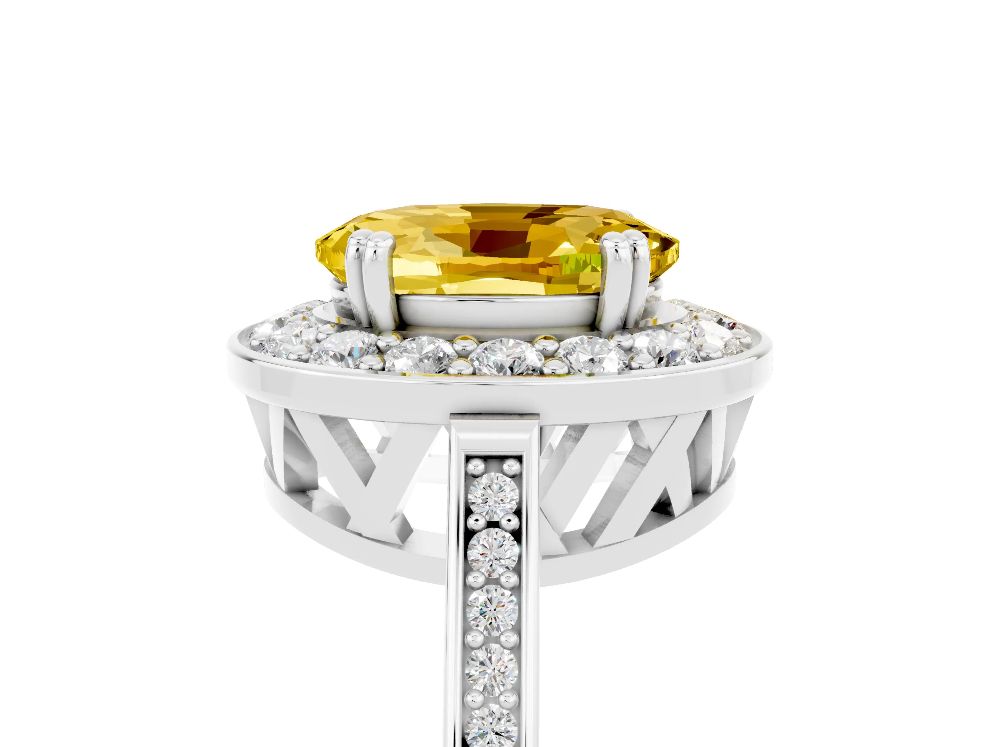 White gold Oval Cut Yellow Sapphire Halo Ring with Split Shank and Four-Prong Setting_17