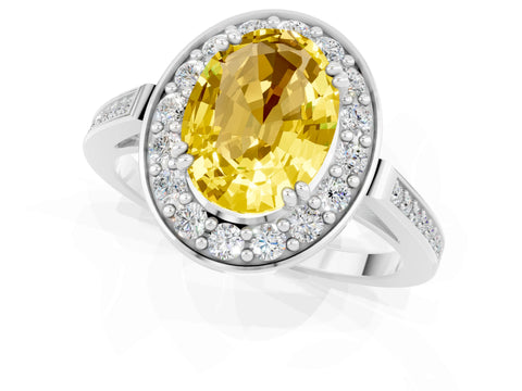 White gold Oval Cut Yellow Sapphire Halo Ring with Split Shank and Four-Prong Setting_1