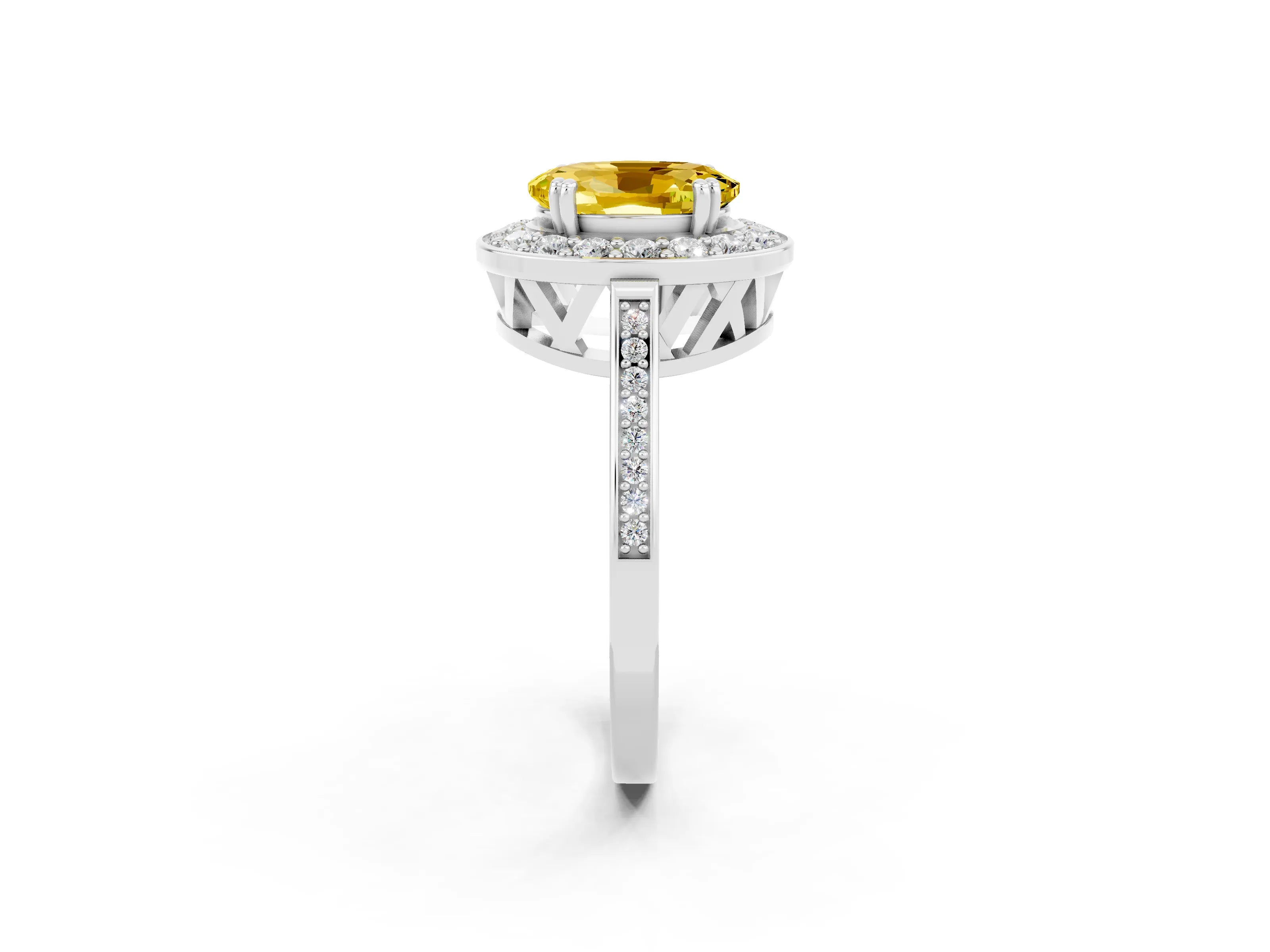White gold Oval Cut Yellow Sapphire Halo Ring with Split Shank and Four-Prong Setting_2
