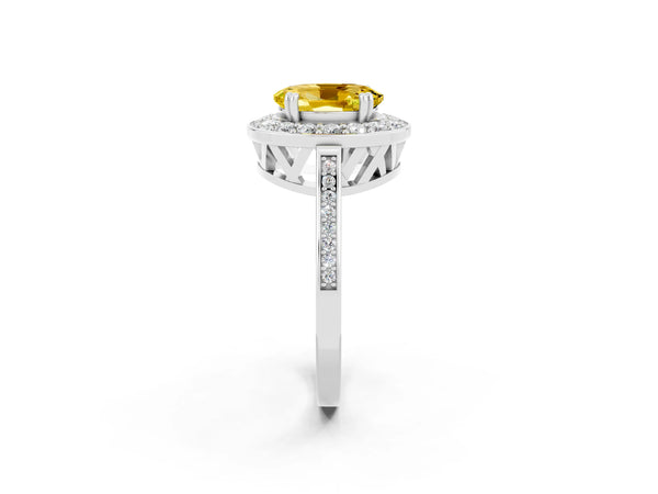 Platinum Oval Cut Yellow Sapphire Halo Ring with Split Shank and Four-Prong Setting