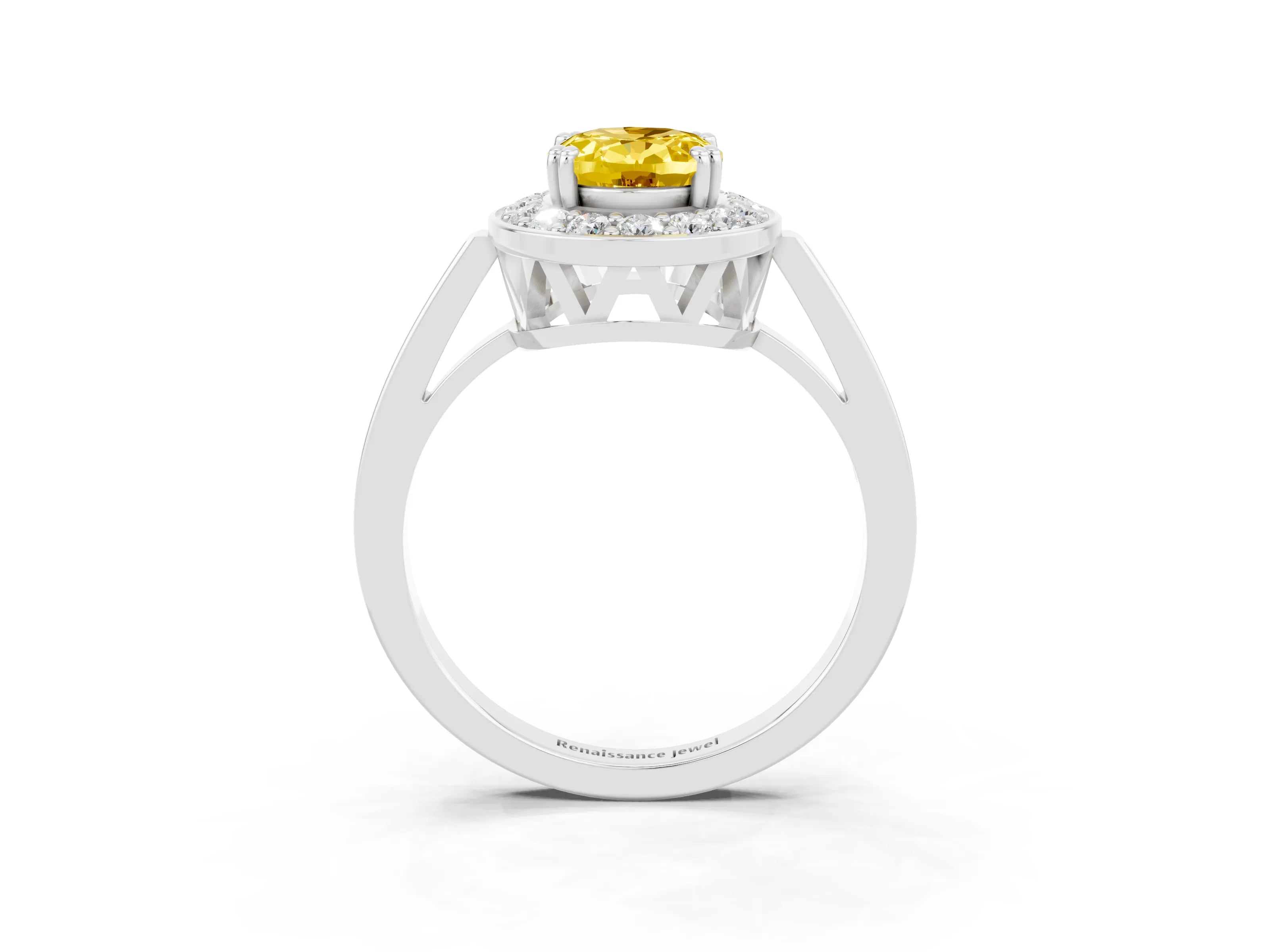 White gold Oval Cut Yellow Sapphire Halo Ring with Split Shank and Four-Prong Setting_3