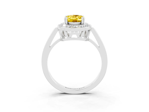 Silver Oval Cut Yellow Sapphire Halo Ring with Split Shank and Four-Prong Setting