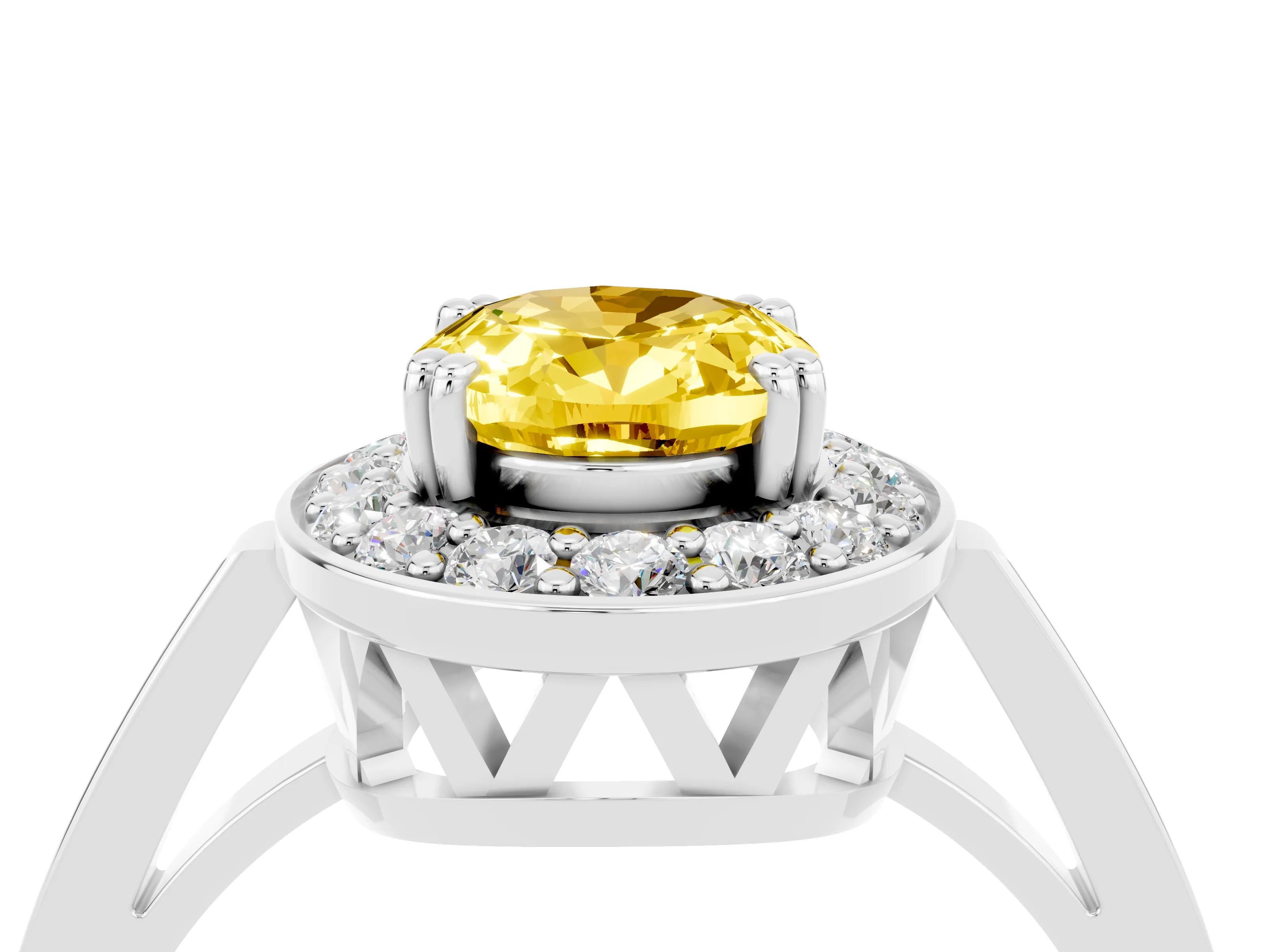White gold Oval Cut Yellow Sapphire Halo Ring with Split Shank and Four-Prong Setting_4