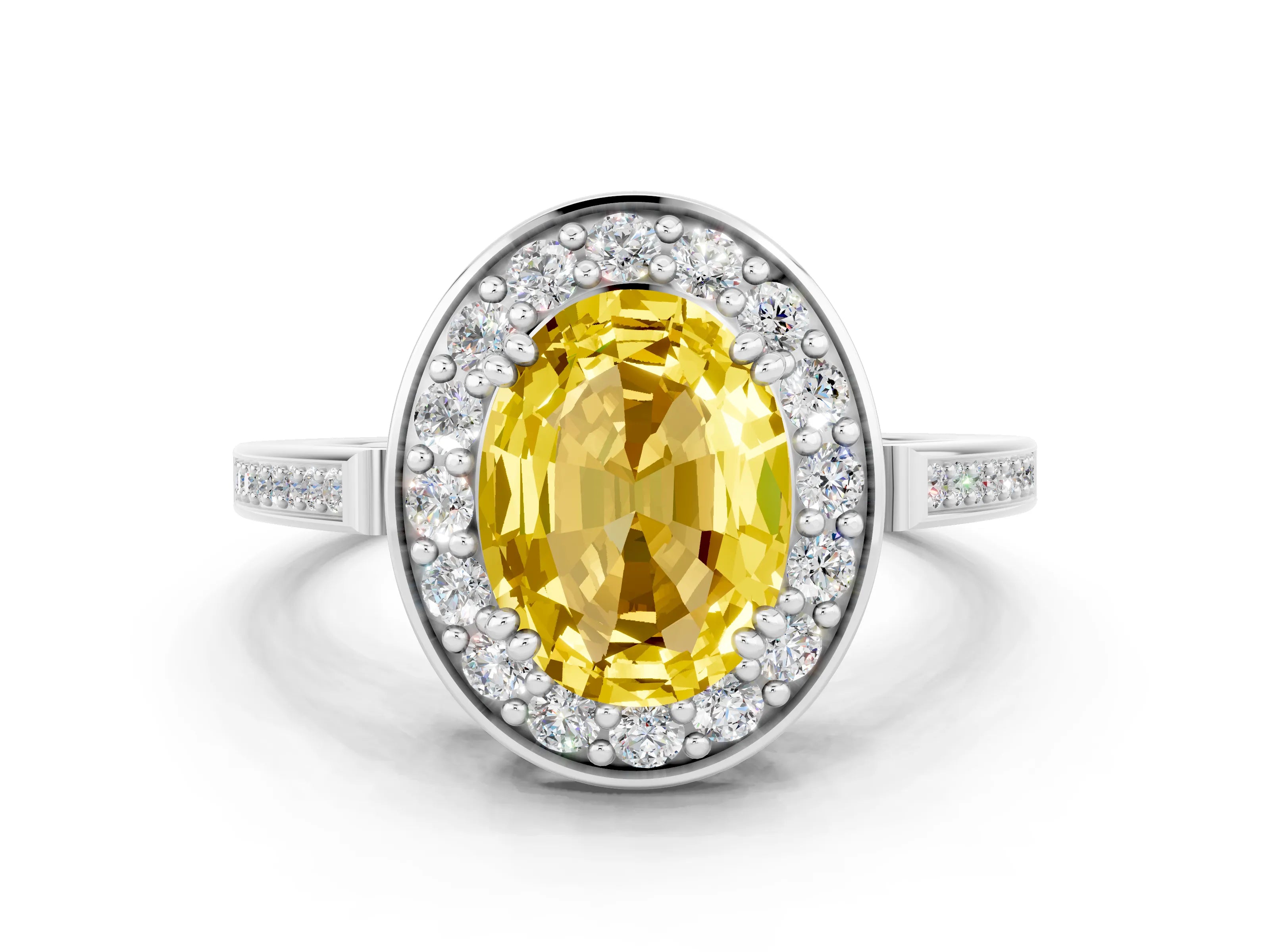 White gold Oval Cut Yellow Sapphire Halo Ring with Split Shank and Four-Prong Setting