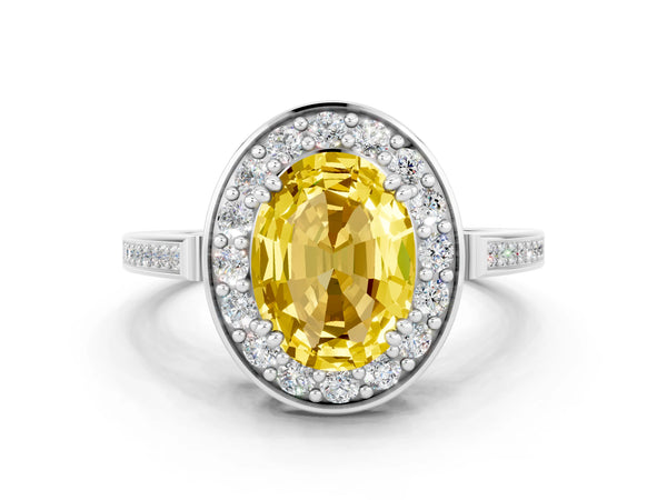 Silver Oval Cut Yellow Sapphire Halo Ring with Split Shank and Four-Prong Setting