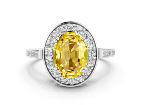 White gold Oval Cut Yellow Sapphire Halo Ring with Split Shank and Four-Prong Setting
