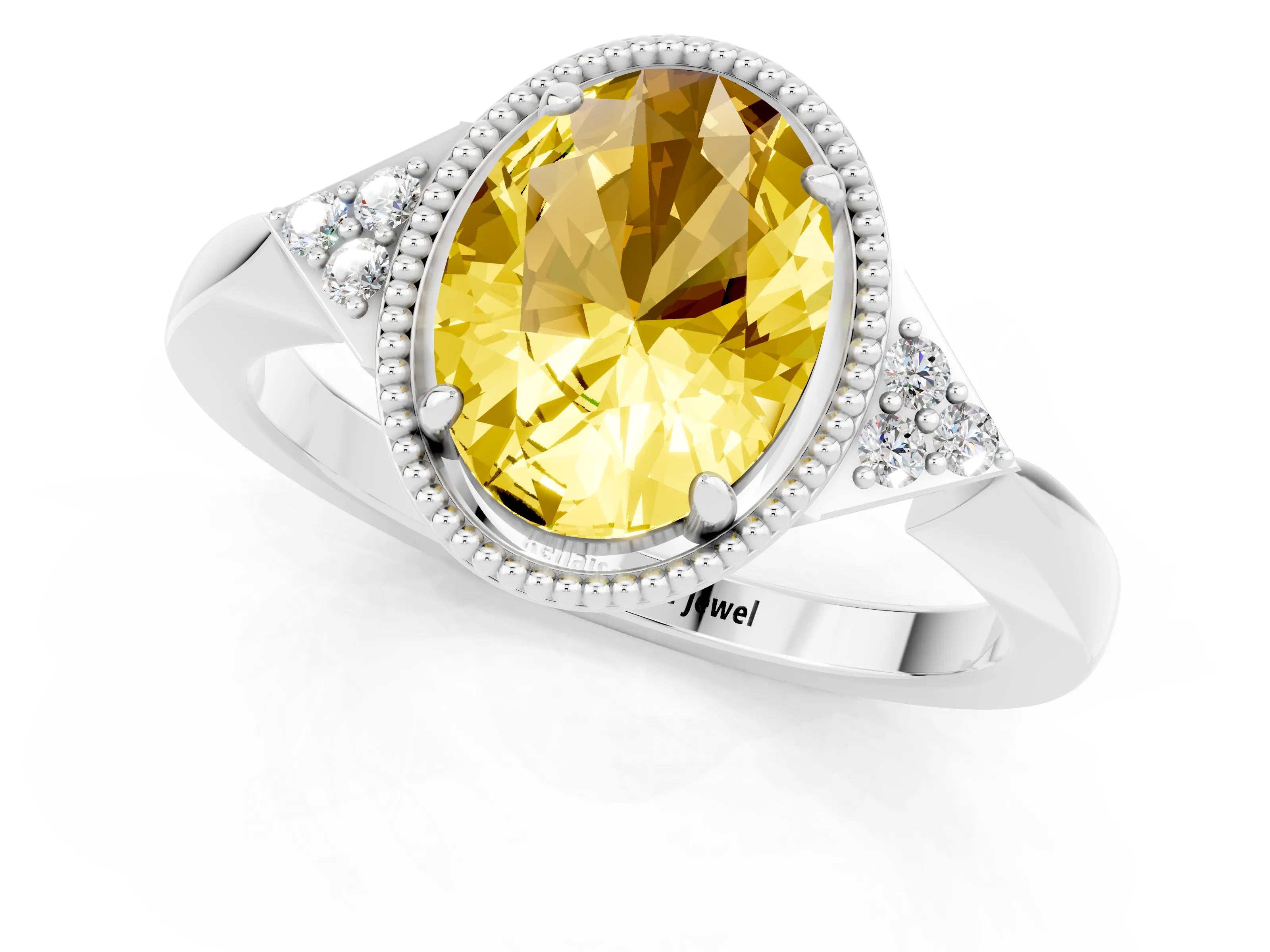 White gold Oval Cut Yellow Sapphire Halo Ring with Tapered Band and Four-Prong Setting_1