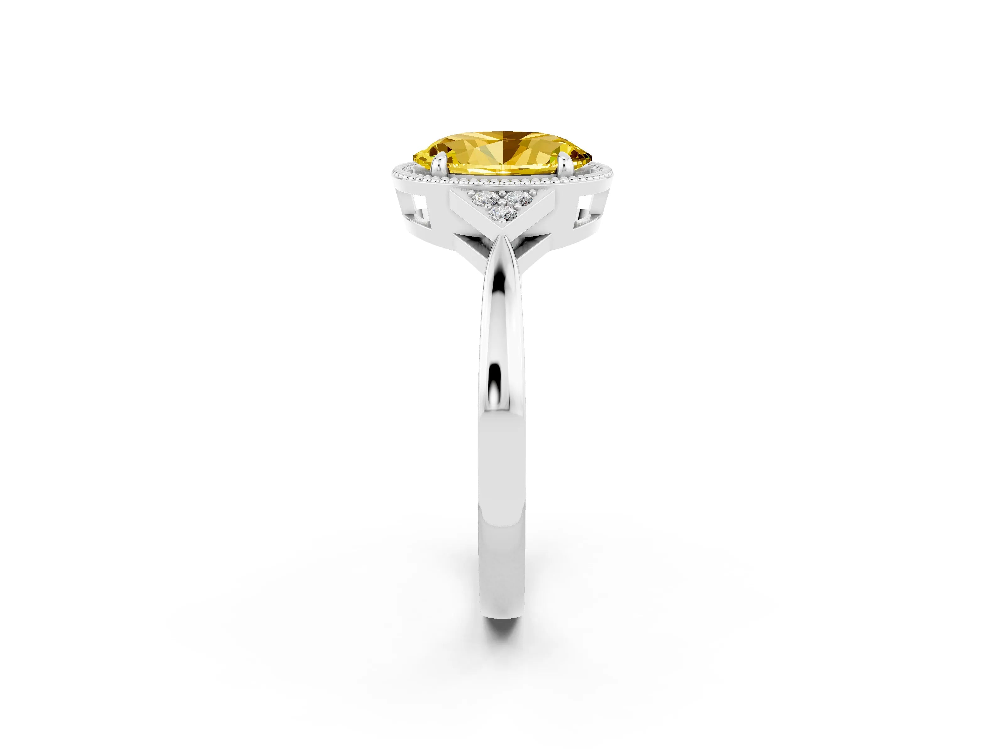 White gold Oval Cut Yellow Sapphire Halo Ring with Tapered Band and Four-Prong Setting_2