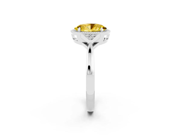 Platinum Oval Cut Yellow Sapphire Halo Ring with Tapered Band and Four-Prong Setting
