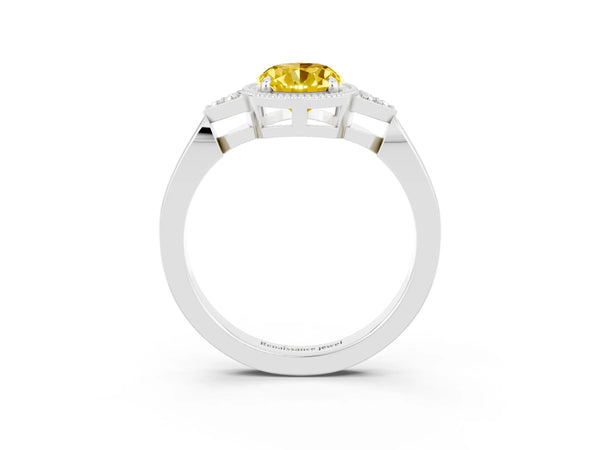 Platinum Oval Cut Yellow Sapphire Halo Ring with Tapered Band and Four-Prong Setting