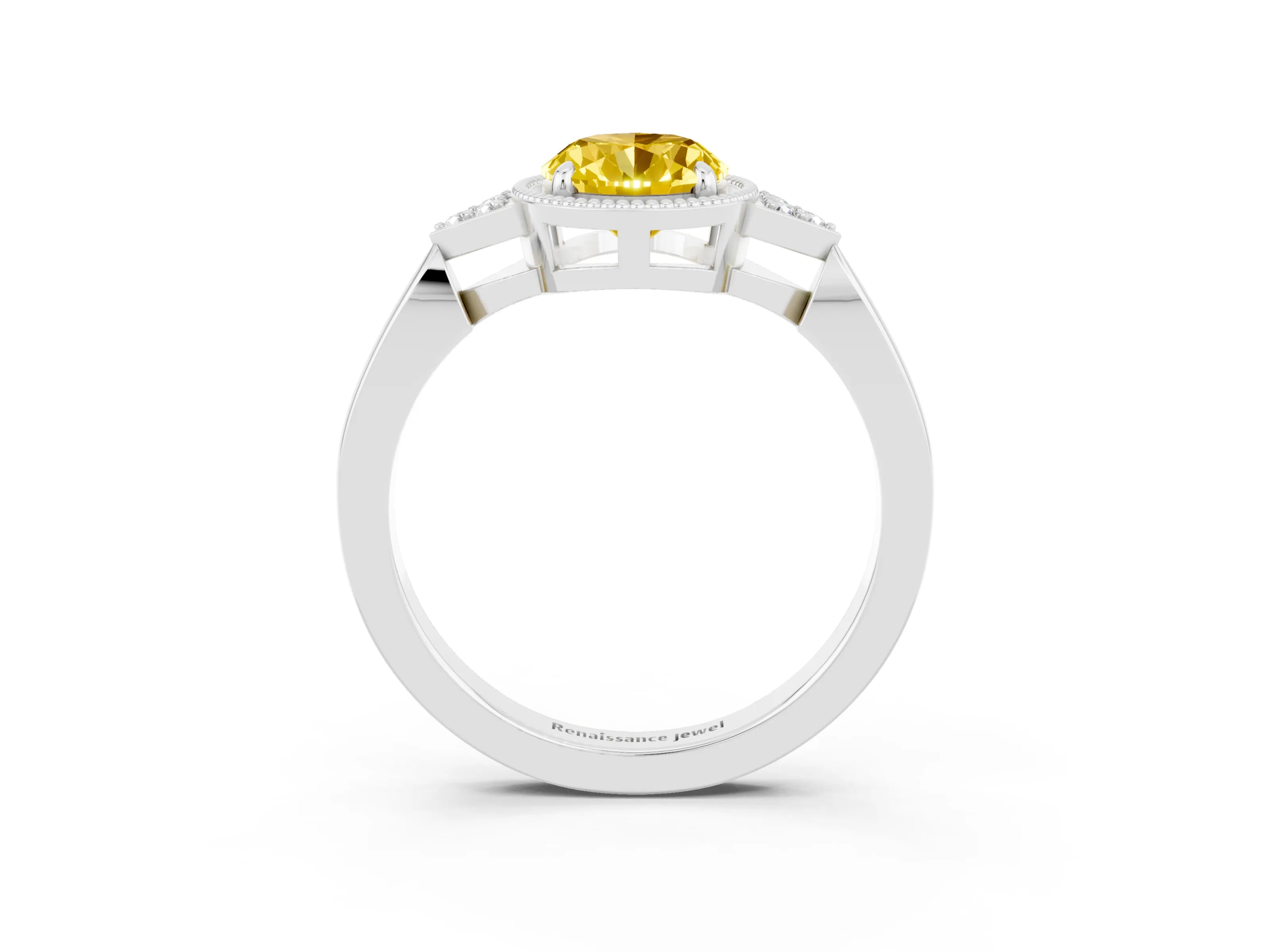 White gold Oval Cut Yellow Sapphire Halo Ring with Tapered Band and Four-Prong Setting_3