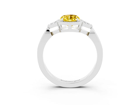 White gold Oval Cut Yellow Sapphire Halo Ring with Tapered Band and Four-Prong Setting_3