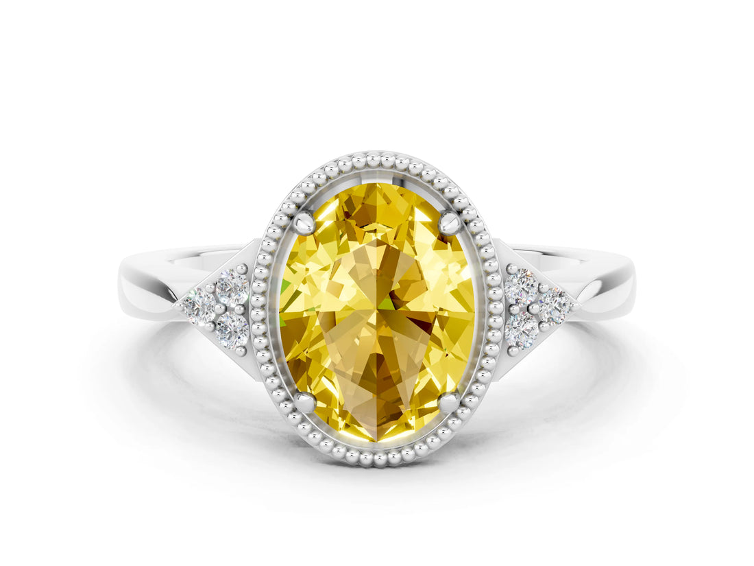 White gold Oval Cut Yellow Sapphire Halo Ring with Tapered Band and Four-Prong Setting