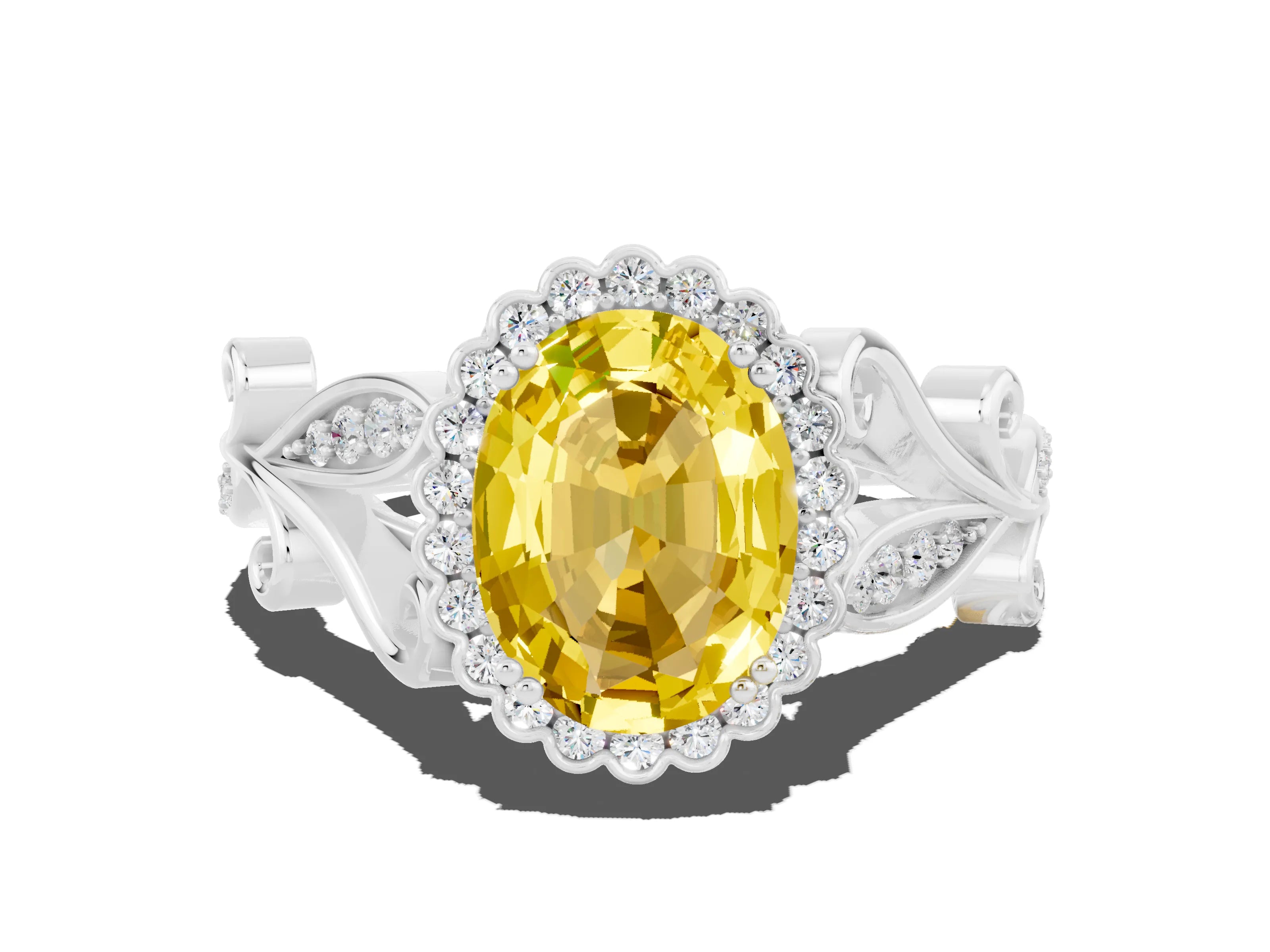 White gold Oval Cut Yellow Sapphire Halo Ring with Vintage Split Shank and Four-Prong Setting_24