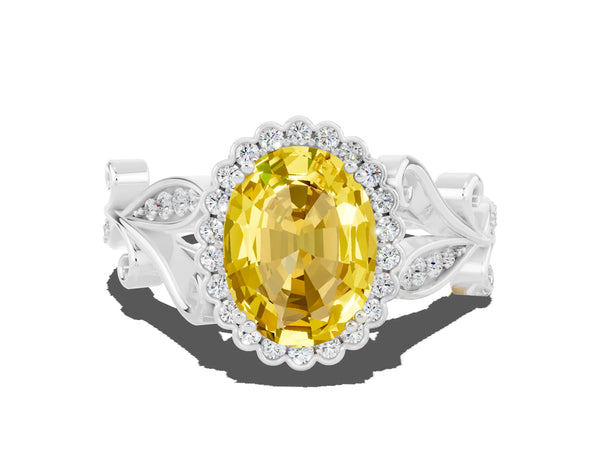 White gold Oval Cut Yellow Sapphire Halo Ring with Vintage Split Shank and Four-Prong Setting