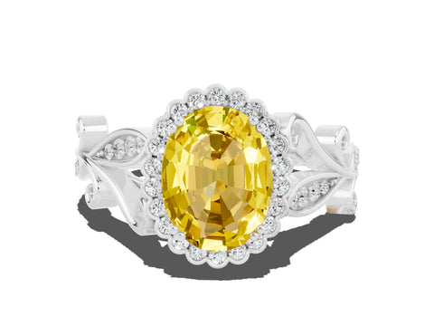 White gold Oval Cut Yellow Sapphire Halo Ring with Vintage Split Shank and Four-Prong Setting_24