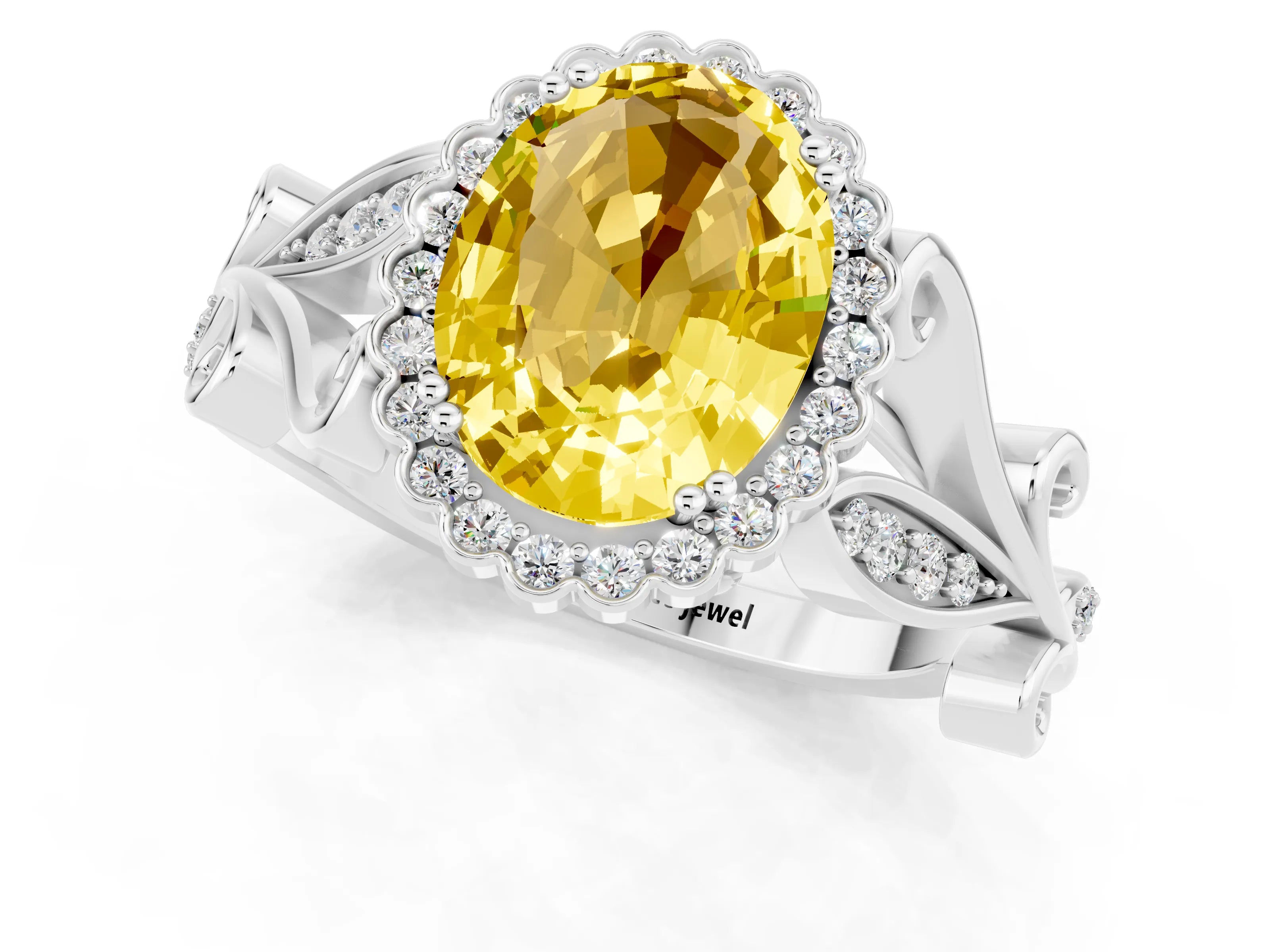 White gold Oval Cut Yellow Sapphire Halo Ring with Vintage Split Shank and Four-Prong Setting_25