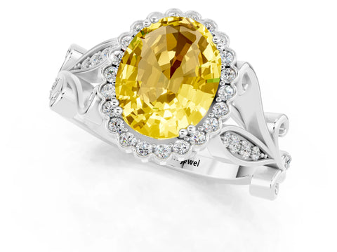 White gold Oval Cut Yellow Sapphire Halo Ring with Vintage Split Shank and Four-Prong Setting_25