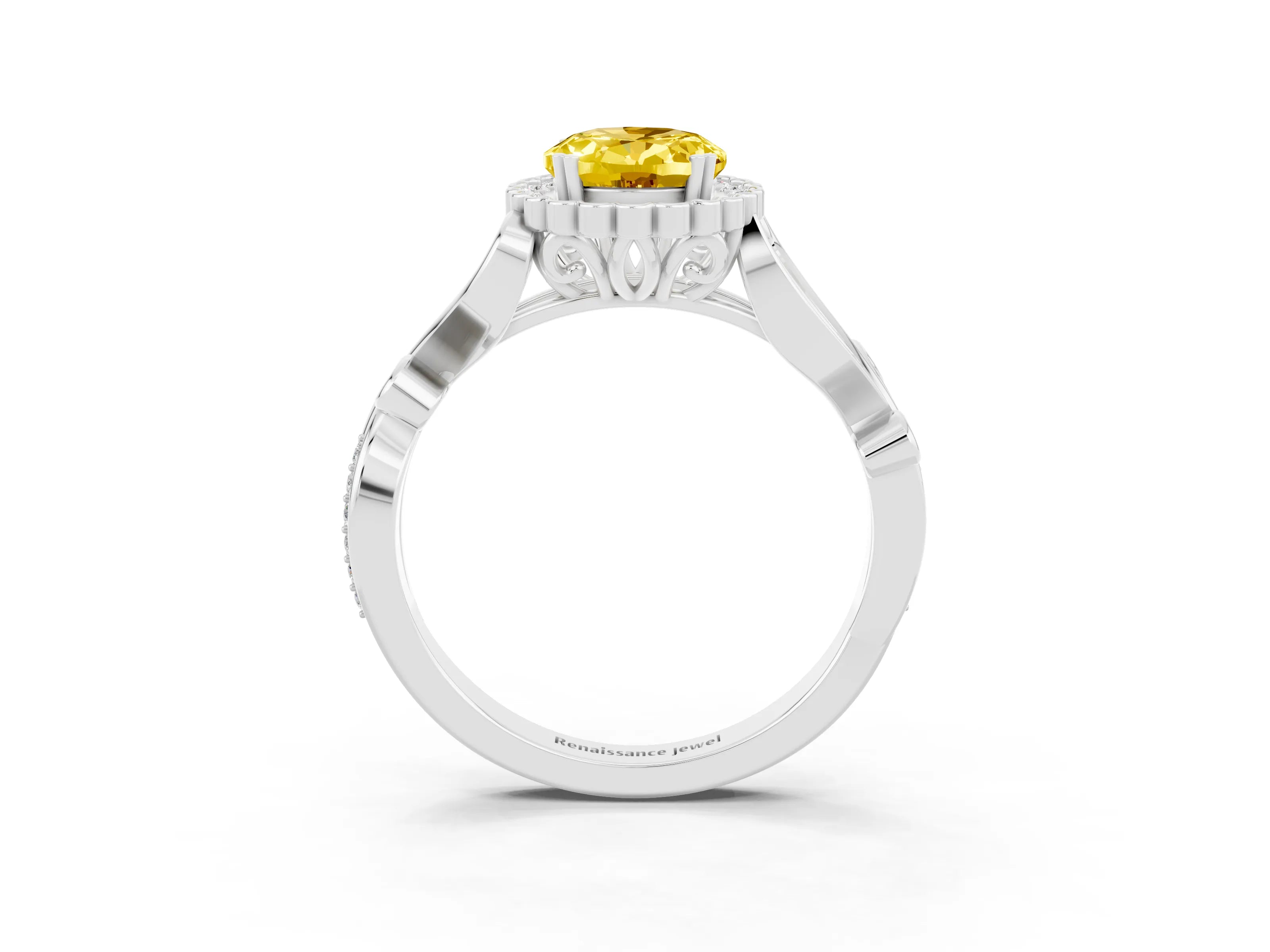 White gold Oval Cut Yellow Sapphire Halo Ring with Vintage Split Shank and Four-Prong Setting_27