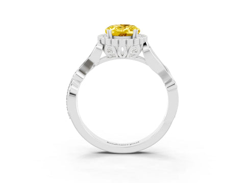White gold Oval Cut Yellow Sapphire Halo Ring with Vintage Split Shank and Four-Prong Setting_27