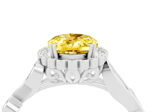 White gold Oval Cut Yellow Sapphire Halo Ring with Vintage Split Shank and Four-Prong Setting_28