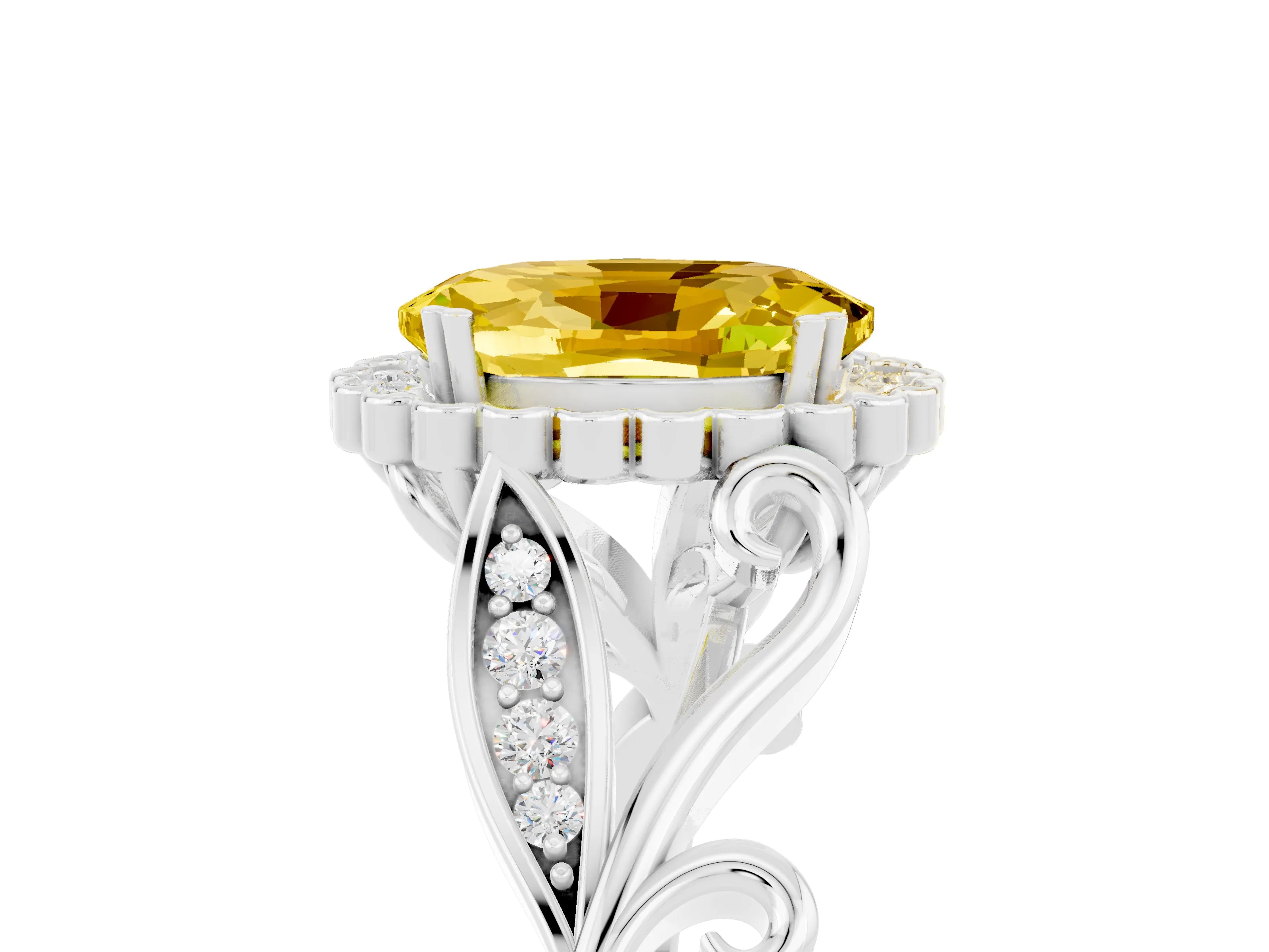 White gold Oval Cut Yellow Sapphire Halo Ring with Vintage Split Shank and Four-Prong Setting_29