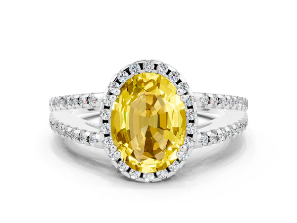 Silver Oval Cut Yellow Sapphire Halo Split Shank Engagement Ring