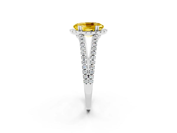 Platinum Oval Cut Yellow Sapphire Halo Split Shank Engagement Ring