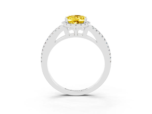 White gold Oval Cut Yellow Sapphire Halo Split Shank Engagement Ring