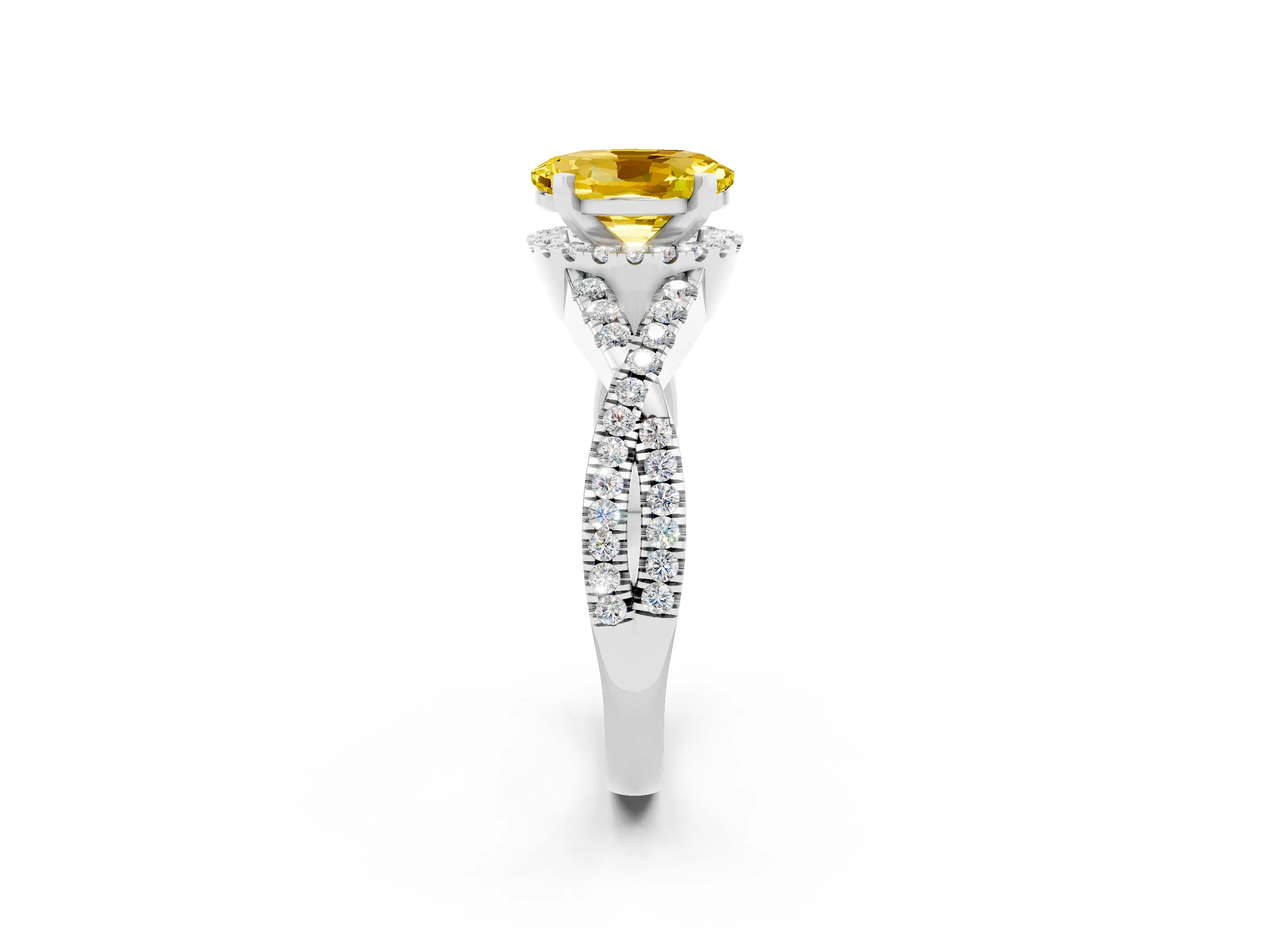 White gold Oval Cut Yellow Sapphire Halo Twist Band Solitaire Prong Setting Ring_26