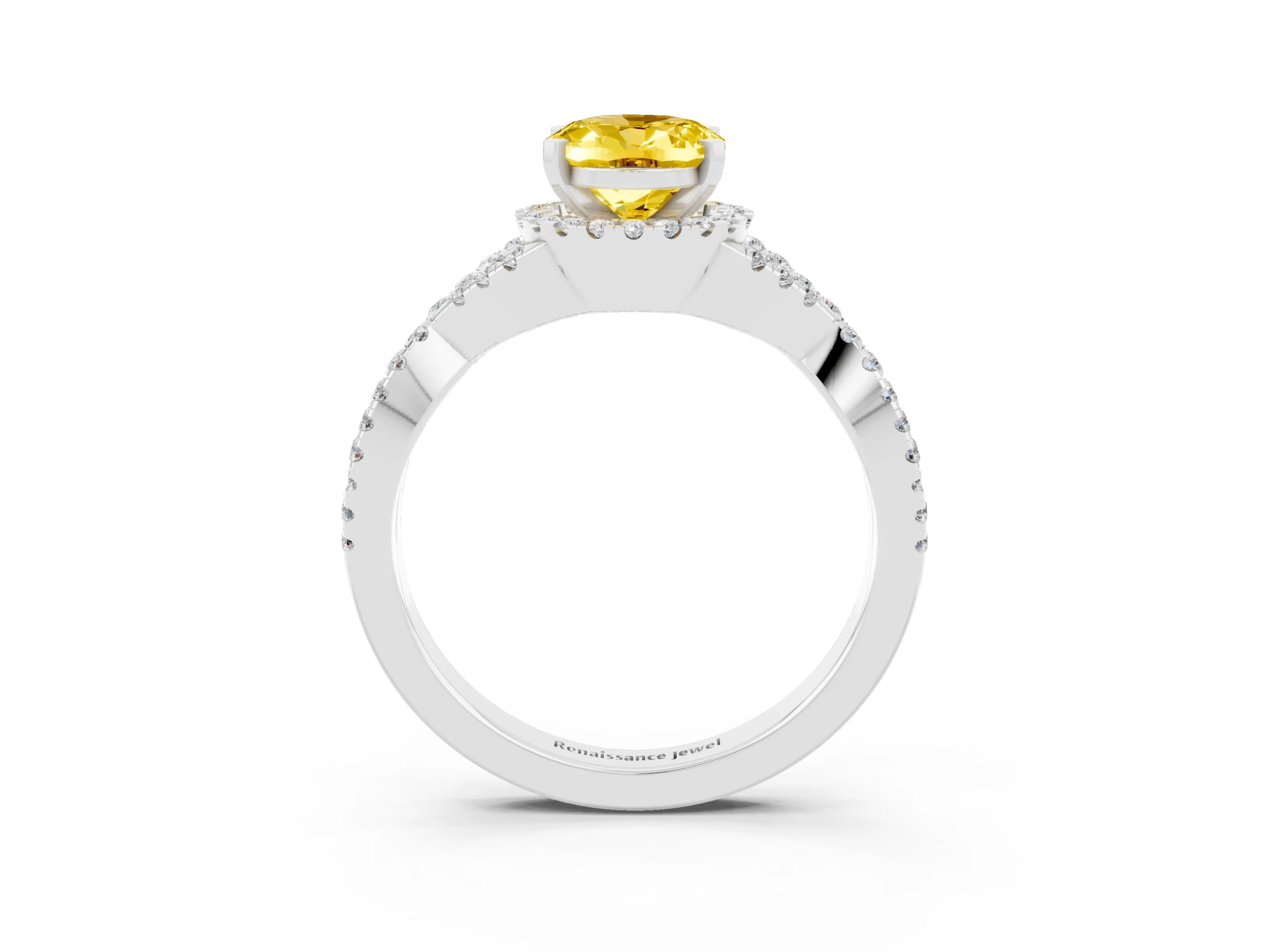 White gold Oval Cut Yellow Sapphire Halo Twist Band Solitaire Prong Setting Ring_27