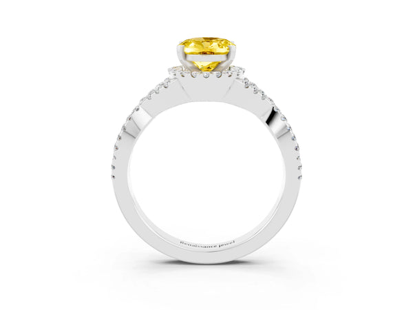 White gold Oval Cut Yellow Sapphire  Halo Twist Band Solitaire Prong Setting Ring