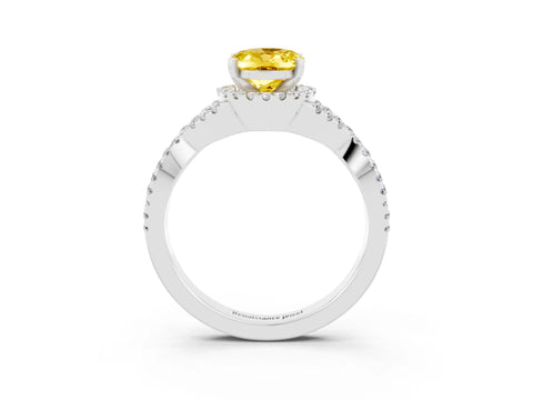 White gold Oval Cut Yellow Sapphire Halo Twist Band Solitaire Prong Setting Ring_27