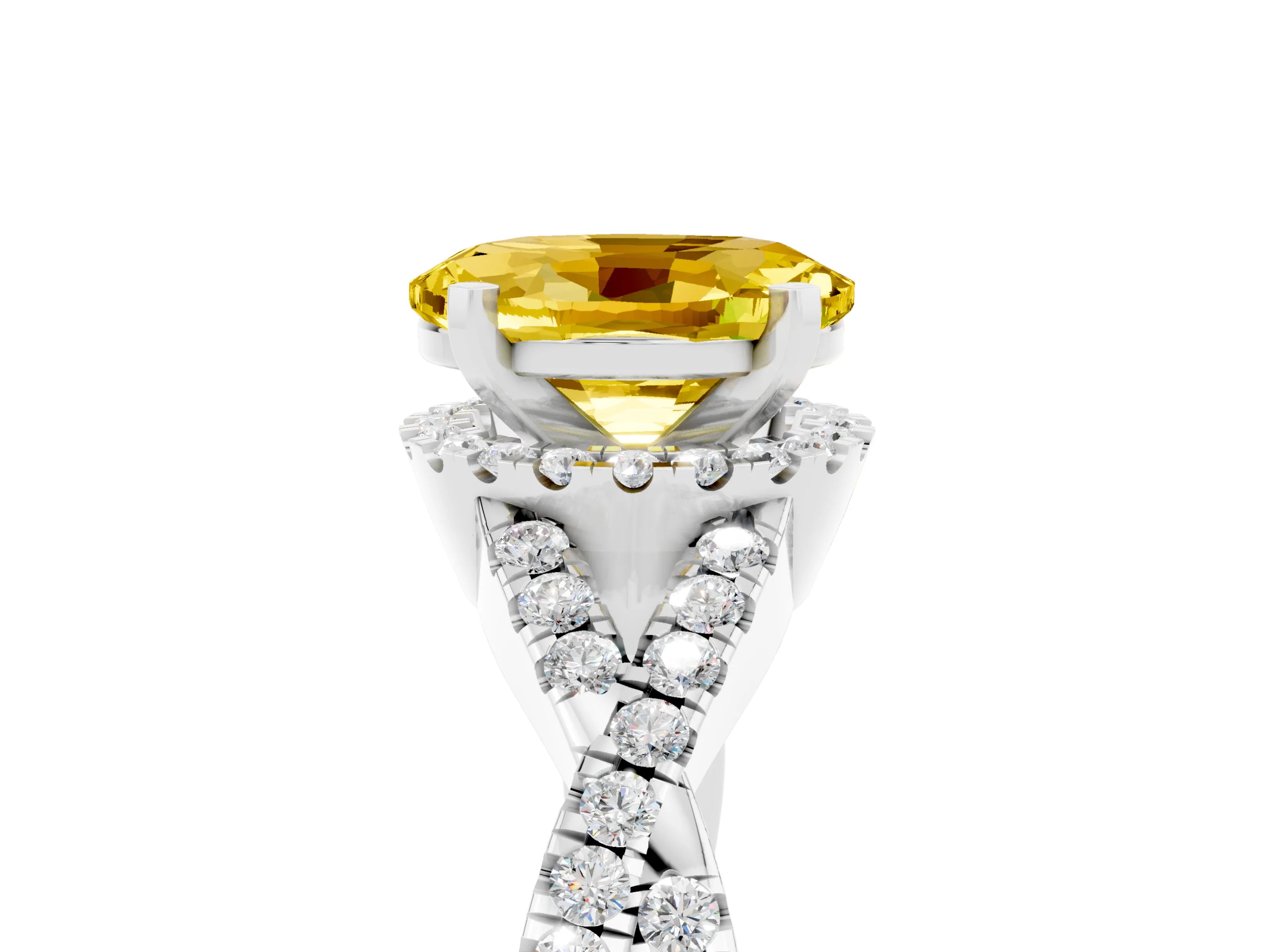 White gold Oval Cut Yellow Sapphire Halo Twist Band Solitaire Prong Setting Ring_29