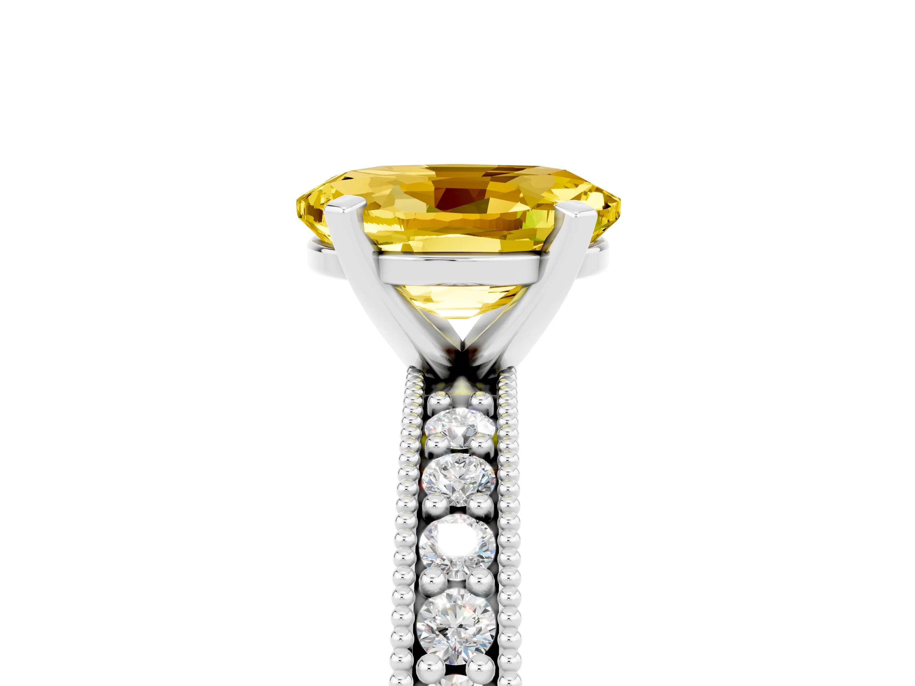 White gold Oval Cut Yellow Sapphire Milgrain Pavé Engagement Ring with Four-Prong Setting_71