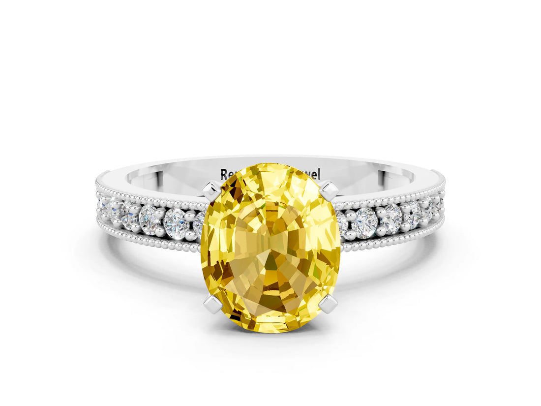 White gold Oval Cut Yellow Sapphire Milgrain Pavé Engagement Ring with Four-Prong Setting_72
