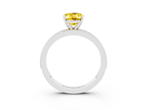 Platinum Oval Cut Yellow Sapphire Milgrain Pavé Engagement Ring with Four-Prong Setting