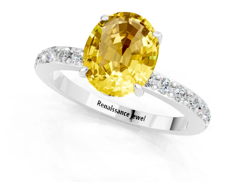 White gold Oval Cut Yellow Sapphire Pavé Engagement Ring with Round  Accents and Prong Setting_49