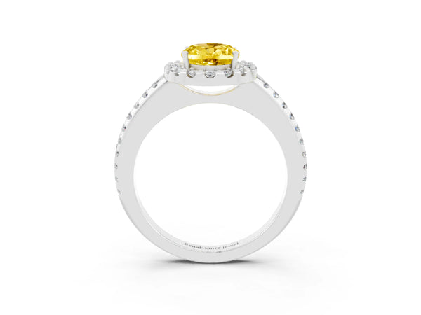 Platinum Oval Cut Yellow Sapphire Pavé Halo Ring with Four-Prong Setting