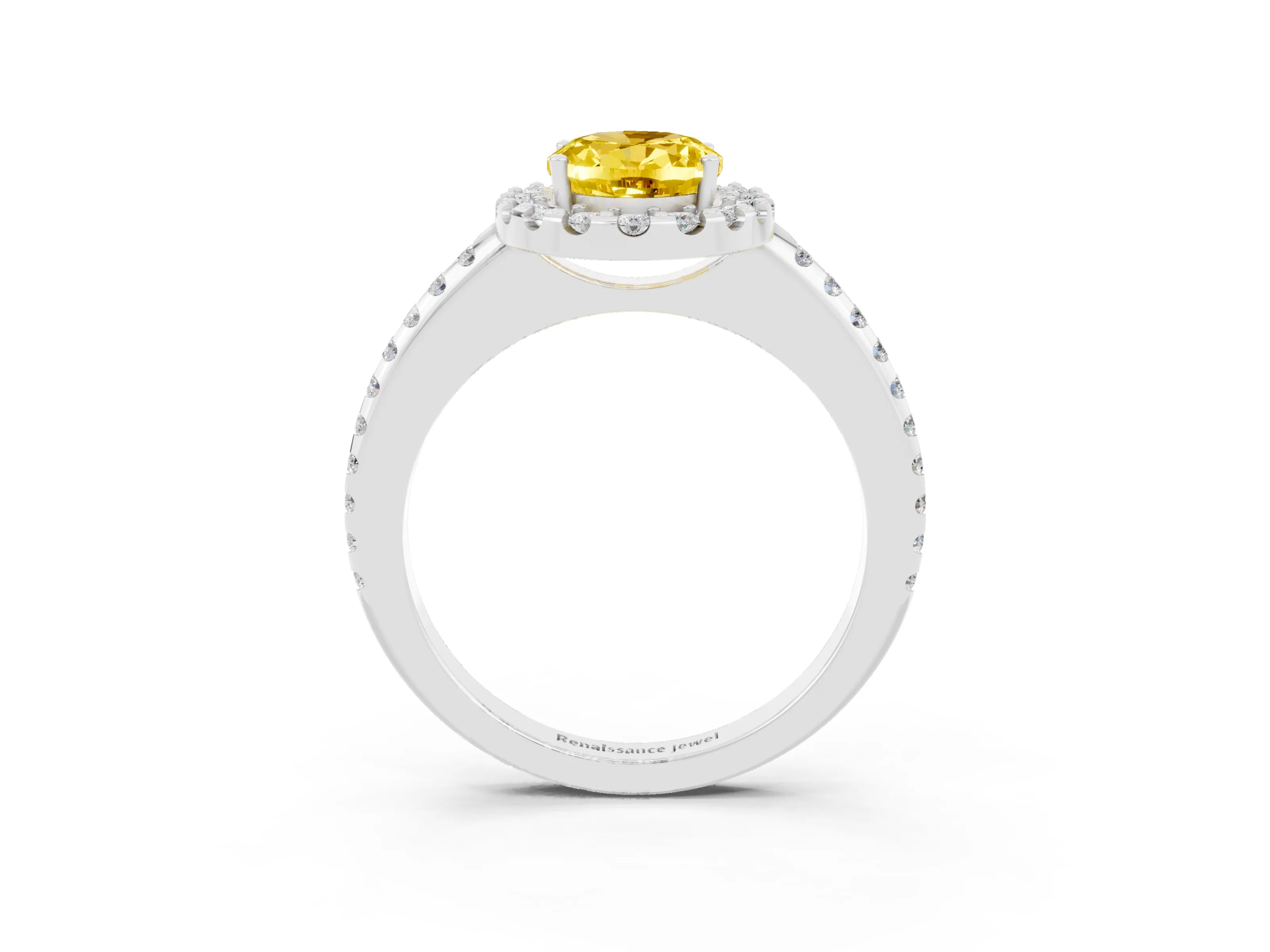 White gold Oval Cut Yellow Sapphire Pavé Halo Ring with Four-Prong Setting_15