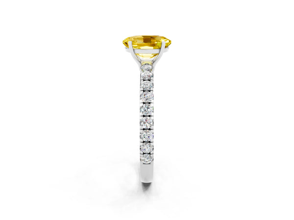 Silver Oval Cut Yellow Sapphire Pavé Solitaire Engagement Ring with Four-Prong Setting