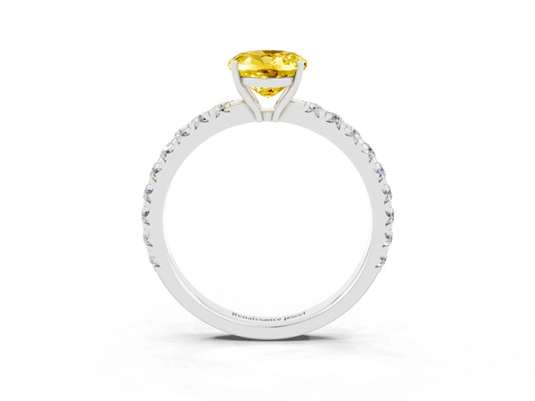 Platinum Oval Cut Yellow Sapphire Pavé Solitaire Engagement Ring with Four-Prong Setting