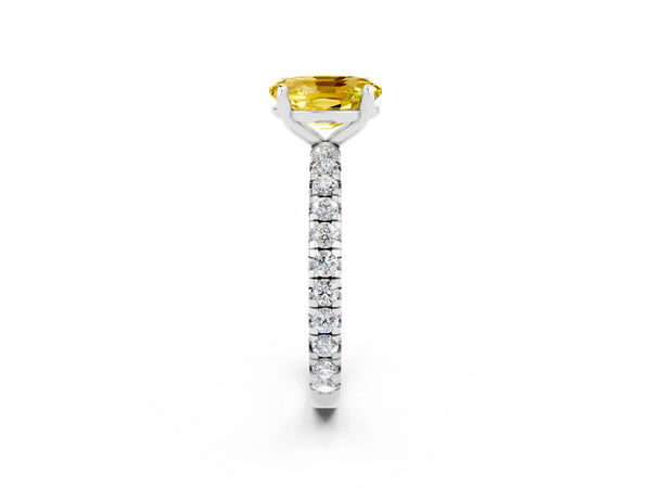 Silver Oval Cut Yellow Sapphire Pavé Solitaire Ring with Round Band and Prong Setting