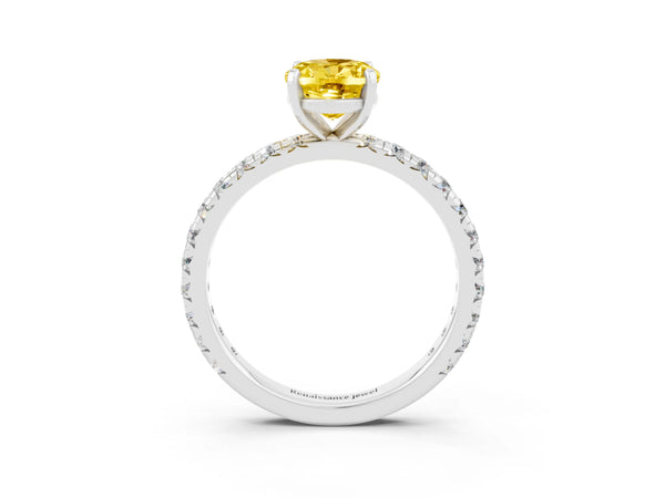 Silver Oval Cut Yellow Sapphire Pavé Solitaire Ring with Round Band and Prong Setting