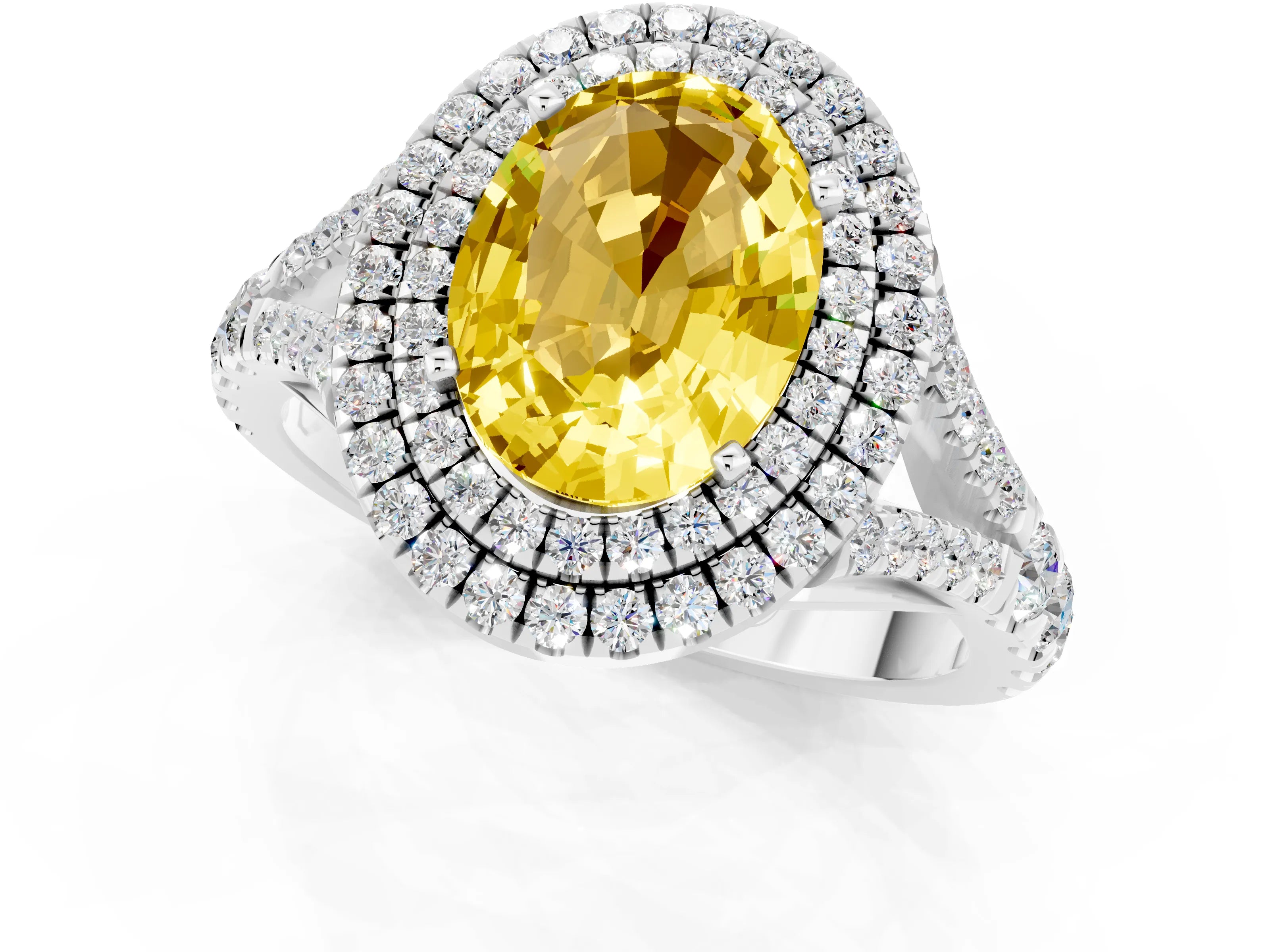 White gold Oval Cut Yellow Sapphire Pavé Split Shank Double Halo Engagement Ring_1