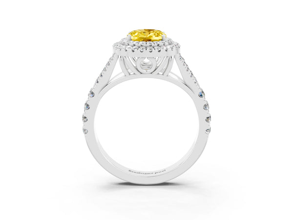 Platinum Oval Cut Yellow Sapphire Pavé Split Shank Double Halo Engagement Ring
