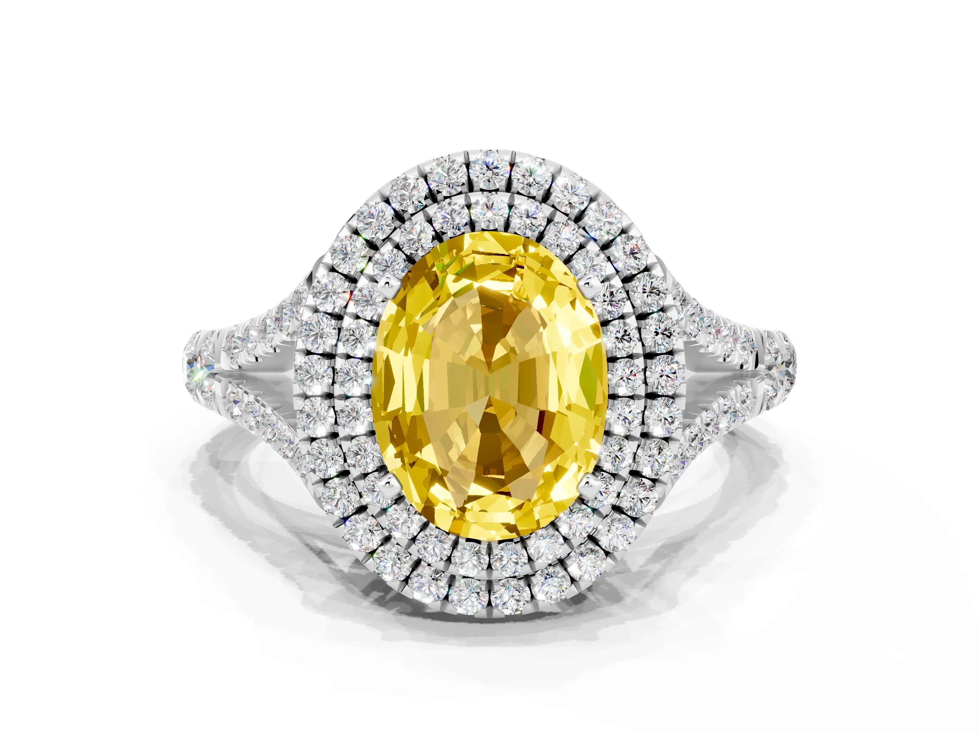White gold Oval Cut Yellow Sapphire Pavé Split Shank Double Halo Engagement Ring