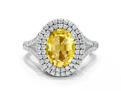 White gold Oval Cut Yellow Sapphire Pavé Split Shank Double Halo Engagement Ring